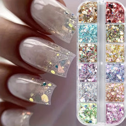 KissICON Iridescent Hexagon Nail Glitter Sequin 12 Grids Box
