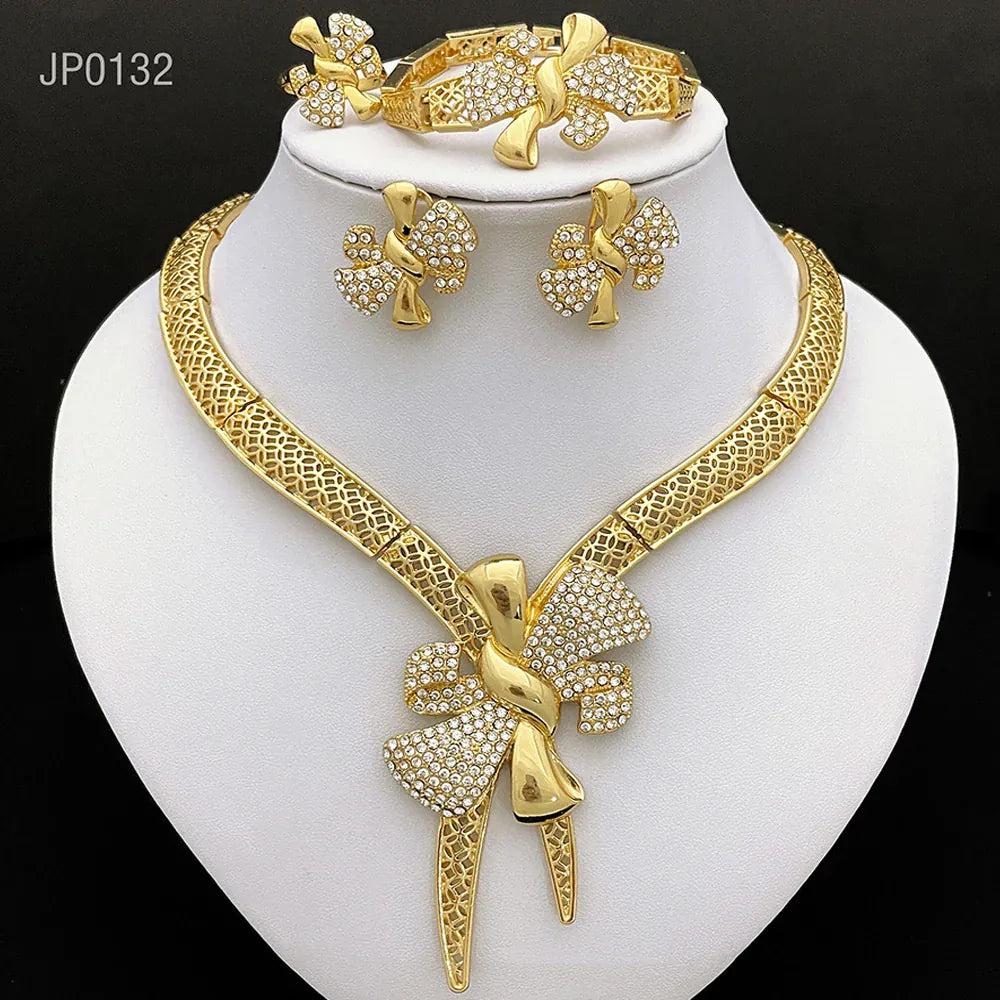 KissICON Italy 18k Gold Plated Women Jewelry Set Classic Design Bowknot Necklace Earring Bracelet And Ring 4PCS Set Jewelry Wedding Party