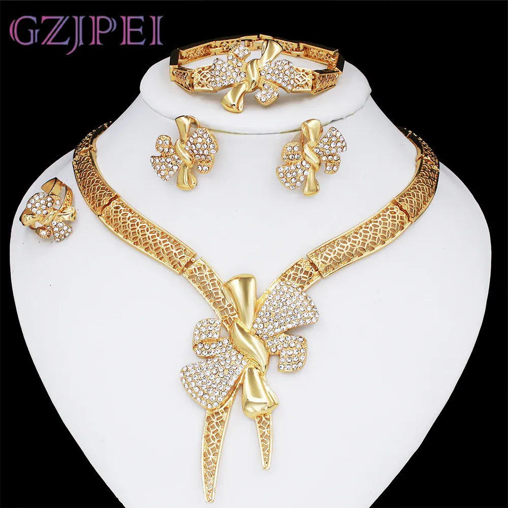 KissICON Italy 18k Gold Plated Women Jewelry Set Classic Design Bowknot Necklace Earring Bracelet And Ring 4PCS Set Jewelry Wedding Party