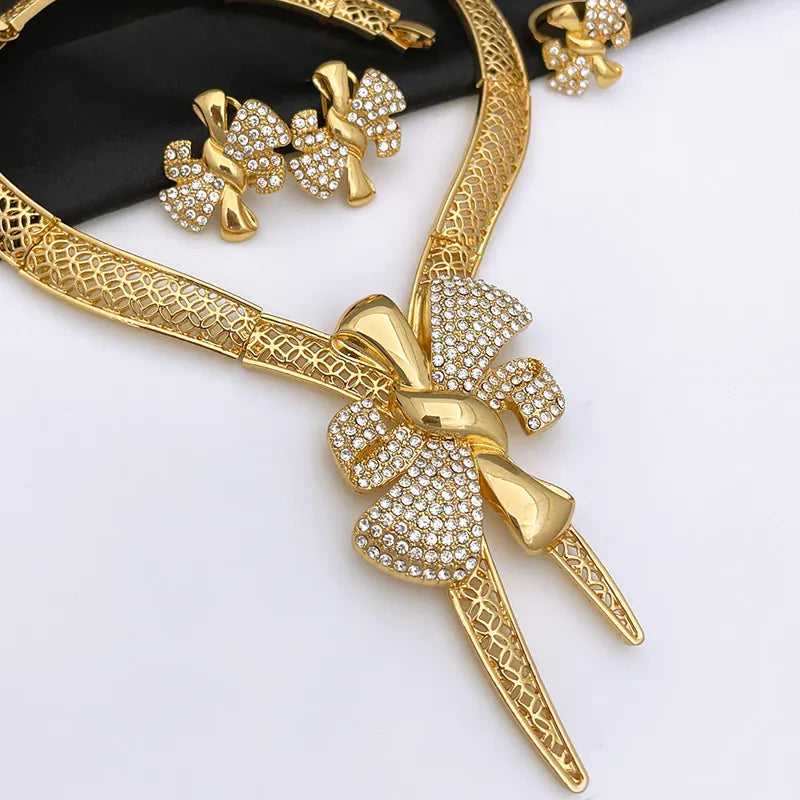 KissICON Italy 18k Gold Plated Women Jewelry Set Classic Design Bowknot Necklace Earring Bracelet And Ring 4PCS Set Jewelry Wedding Party