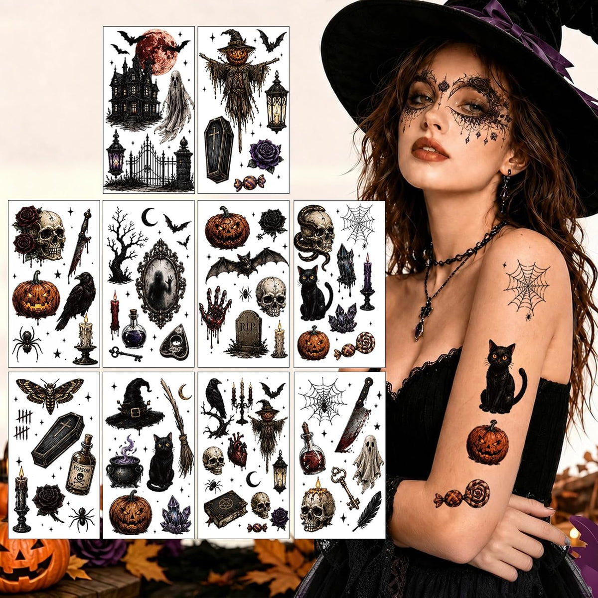 KissICON item 20 Sheets Halloween Gothic Eye Shadow Face Temporary Tattoos
