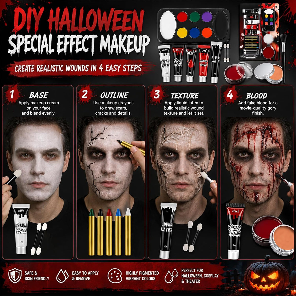KissICON item Complete Halloween Face Paint and Fake Blood SFX Kit