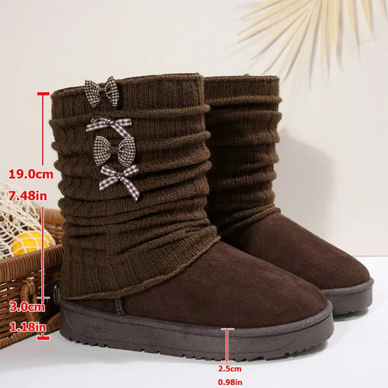 KissICON Japanese Style Bowknot Snow Boots Women Fashion Round