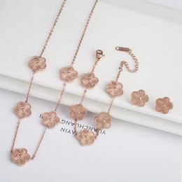 KissICON Jewelry Set 10 3Pcs 18k Gold-Plated Five-Leaf Flower Necklace Earrings Bracelet Jewelry Set For Woman Fashion Party Jewelry Daily Wear Clover