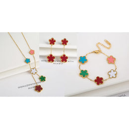 KissICON Jewelry Set 15 3Pcs 18k Gold-Plated Five-Leaf Flower Necklace Earrings Bracelet Jewelry Set For Woman Fashion Party Jewelry Daily Wear Clover