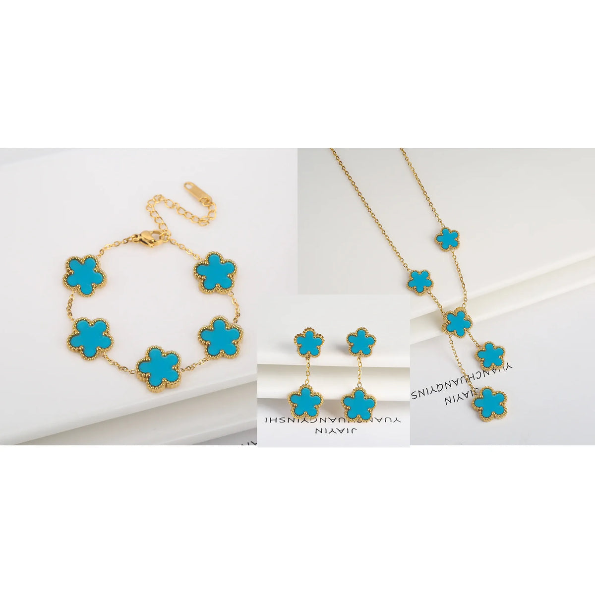 KissICON Jewelry Set 17 3Pcs 18k Gold-Plated Five-Leaf Flower Necklace Earrings Bracelet Jewelry Set For Woman Fashion Party Jewelry Daily Wear Clover