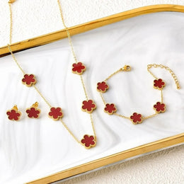 KissICON Jewelry Set 2 3Pcs 18k Gold-Plated Five-Leaf Flower Necklace Earrings Bracelet Jewelry Set For Woman Fashion Party Jewelry Daily Wear Clover