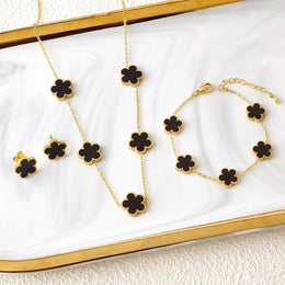 KissICON Jewelry Set 3 3Pcs 18k Gold-Plated Five-Leaf Flower Necklace Earrings Bracelet Jewelry Set For Woman Fashion Party Jewelry Daily Wear Clover