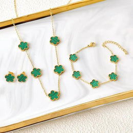 KissICON Jewelry Set 4 3Pcs 18k Gold-Plated Five-Leaf Flower Necklace Earrings Bracelet Jewelry Set For Woman Fashion Party Jewelry Daily Wear Clover