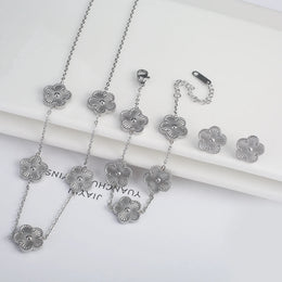 KissICON Jewelry Set 9 3Pcs 18k Gold-Plated Five-Leaf Flower Necklace Earrings Bracelet Jewelry Set For Woman Fashion Party Jewelry Daily Wear Clover