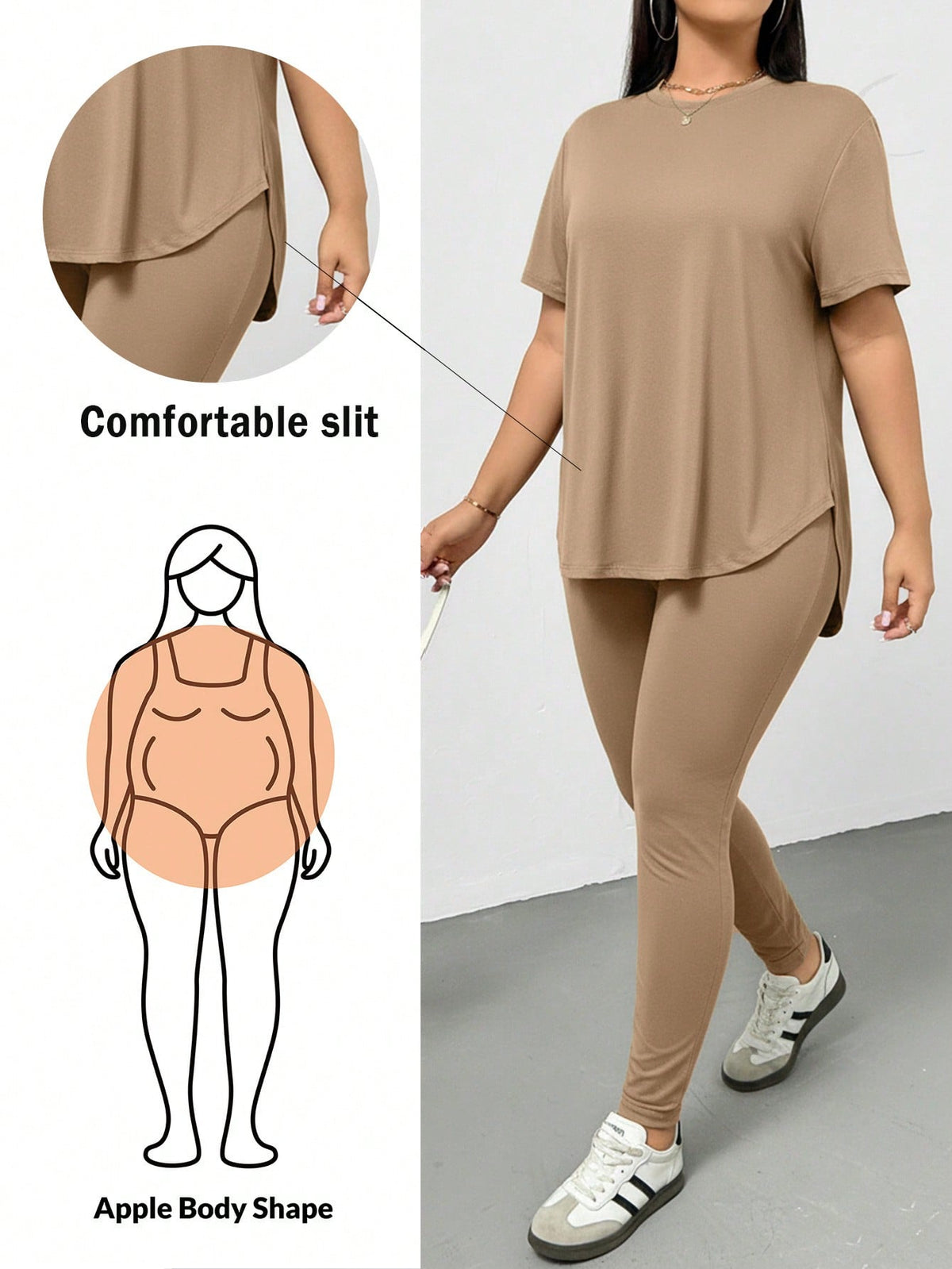 CURVE Khaki / 0XL Casual Sports Short-Sleeved T-Shirt And Leggings Two Pieces Set