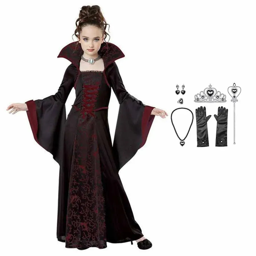 KissICON Khaki / 150cm Halloween Costume for Kids Halloween Fantasy Vampire Costume Girls Long Tutu Dress Kids Carnival Outfit Gothic Feather Clothes