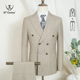 KissICON khaki 2-pcs set / L ST Cassy Mens Stripe Double Breasted 2Piece Suit
