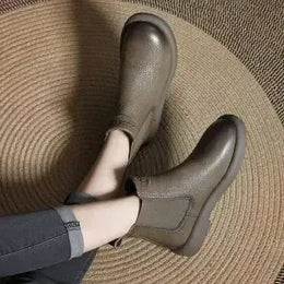 KissICON khaki / 35 Retro Genuine Cow Leather Chelsea Boots for Women