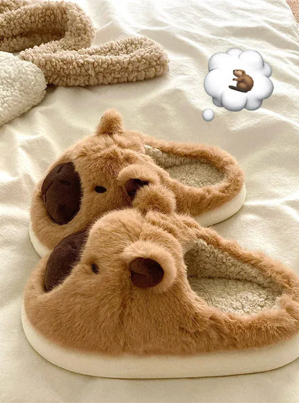 KissICON khaki / 36-37 Capybara Slippers Women Winter One Word Cotton Cartoon