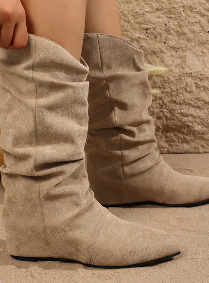 KissICON Khaki / 36 Vintage Pleated Flat Heels Western Boots Women 2025