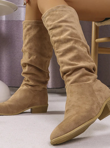 KissICON Khaki / 36 Vintage Pleated High Heels Boots Women 2025 Autumn