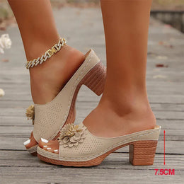 KissICON Khaki / 37 Retro Flower Decor High Heels Sandals Summer Platform