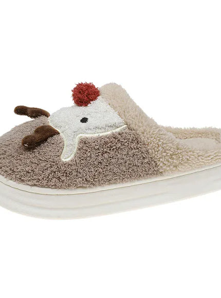 KissICON Khaki / 38-39 Cartoon Christmas Elk Fluffy Slippers Women Winter Warm