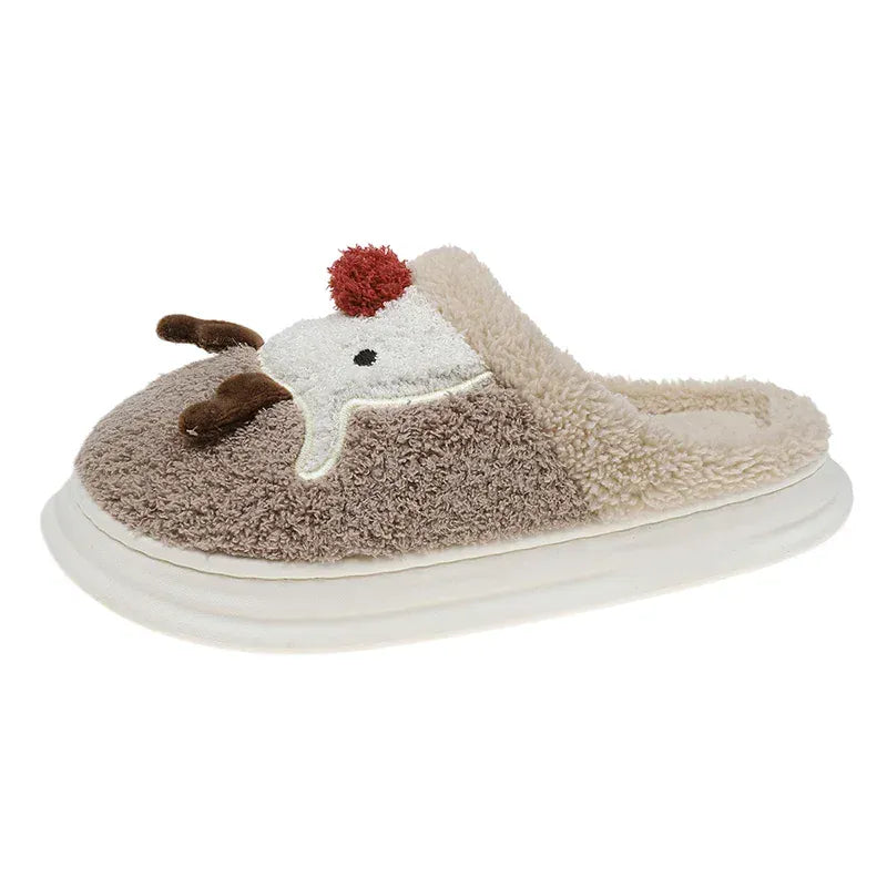 KissICON Khaki / 38-39 Cartoon Christmas Elk Fluffy Slippers Women Winter Warm