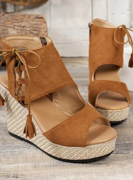 KissICON Khaki / 38 Thick Bottom Wedges Sandals Women Retro Lace Up