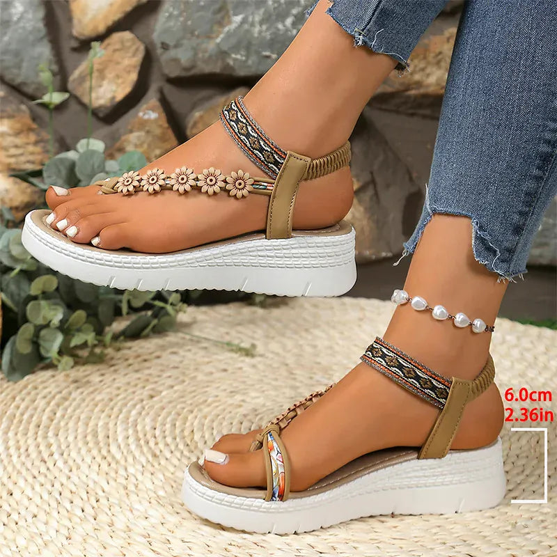 KissICON Khaki / 39 Flower Chain Wedges Sandals for Women Plus Size