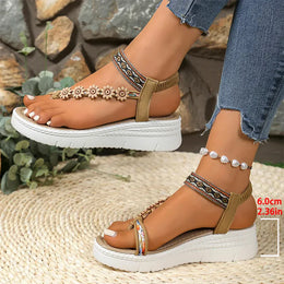 KissICON Khaki / 39 Flower Chain Wedges Sandals for Women Plus Size