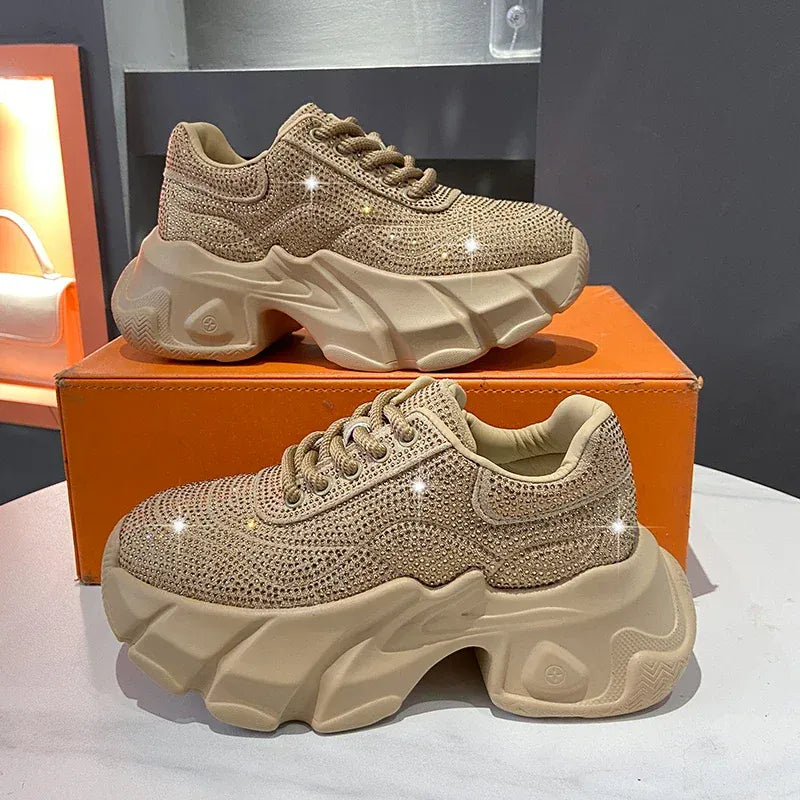 Dropshipman Khaki / 39 Shoes for Women 2024 New Shiny Rhinestone Women's Sneakers Shoes Autumn Korean Fashion Thick Sole Sports Shoes Zapatos De Mujer