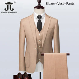KissICON Khaki 3Piece / S (EUR XXXS) British Plaid 3Pc Mens Suit Blazer Vest Pants S5XL