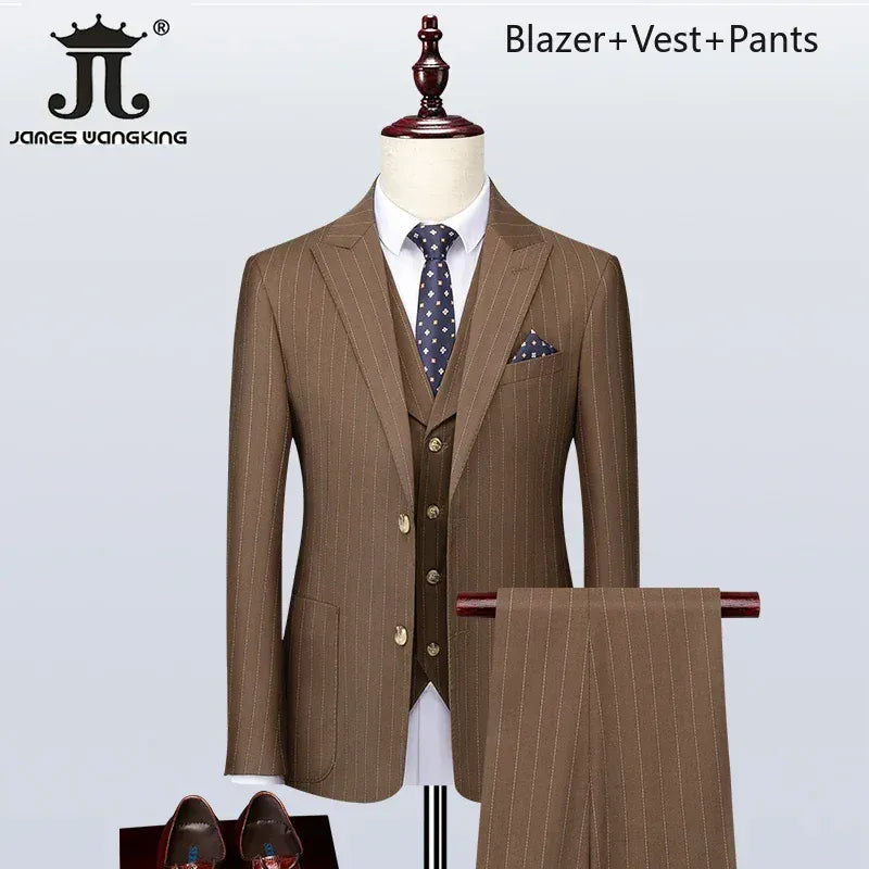 KissICON Khaki 3Piece25 / S (EUR XXXS) British Plaid 3Pc Mens Suit Blazer Vest Pants S5XL