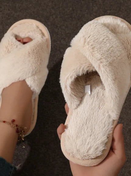 KissICON Khaki / 40-41 Autumn New Fashion Cross Strap Fur Slippers Women