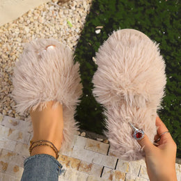 KissICON Khaki / 40-41 Faux Fur Fluffy Slippers For Women Winter Warm