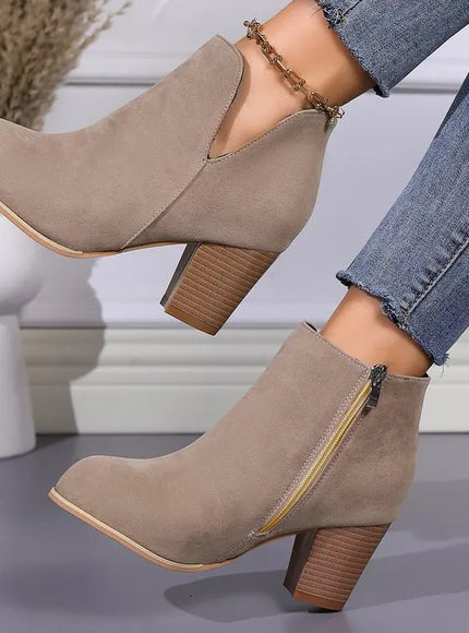 KissICON Khaki / 41 Elegant Women Ankle Bootie Side Zippers Chunky Mid