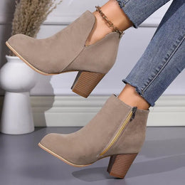 KissICON Khaki / 41 Elegant Women Ankle Bootie Side Zippers Chunky Mid