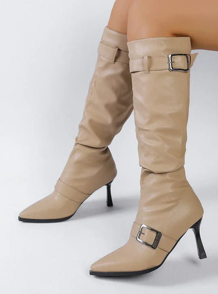 KissICON khaki / 42 Punk Metal Buckle Decor High Heels Boots Women