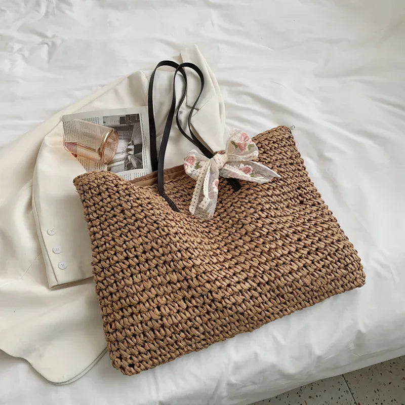 KissICON khaki add ribbon / 40x16x35cm Handbag – Beach Rattan Woven