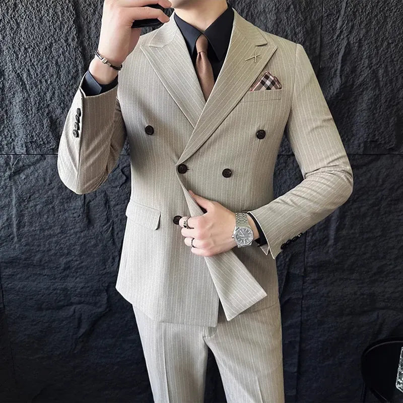 KissICON Khaki / Asia 5XL (US XL) Luxury Striped DoubleBreasted Mens Groom Wedding Suit