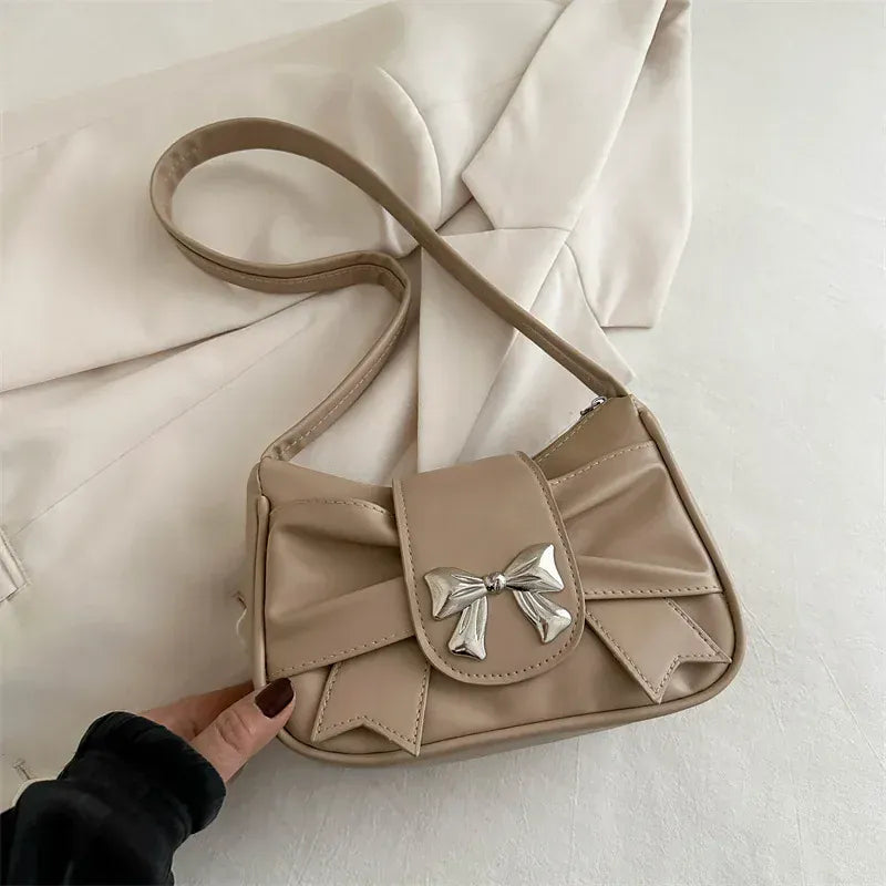 Dropshipman Khaki-Bow Trendy Bow Shoulder Bag Handbag Casual Underarm Bag Daily Commuting Bags PU Leather Lady Banquet Bag Business Women's Bags