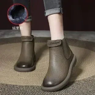 KissICON Khaki cotton / 40 Retro Genuine Cow Leather Chelsea Boots for Women