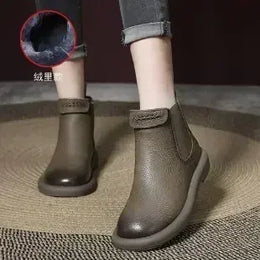 KissICON Khaki cotton / 40 Retro Genuine Cow Leather Chelsea Boots for Women