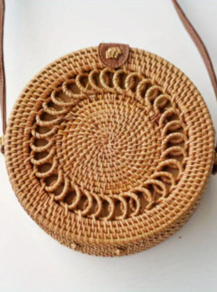 KissICON Khaki Hand-woven Straw Rattan Small Round Shoulder Crossbody