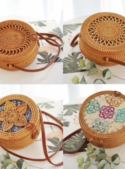 KissICON Khaki Hand-woven Straw Rattan Small Round Shoulder Crossbody