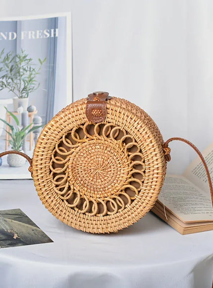 KissICON Khaki Hand-woven Straw Rattan Small Round Shoulder Crossbody