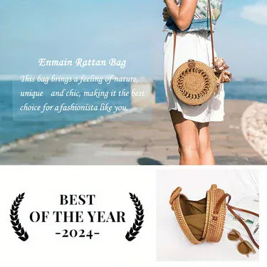 KissICON Khaki Hand-woven Straw Rattan Small Round Shoulder Crossbody