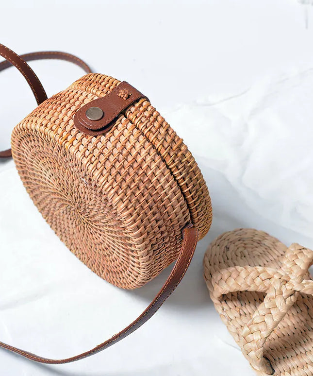 KissICON Khaki Hand-woven Straw Rattan Small Round Shoulder Crossbody