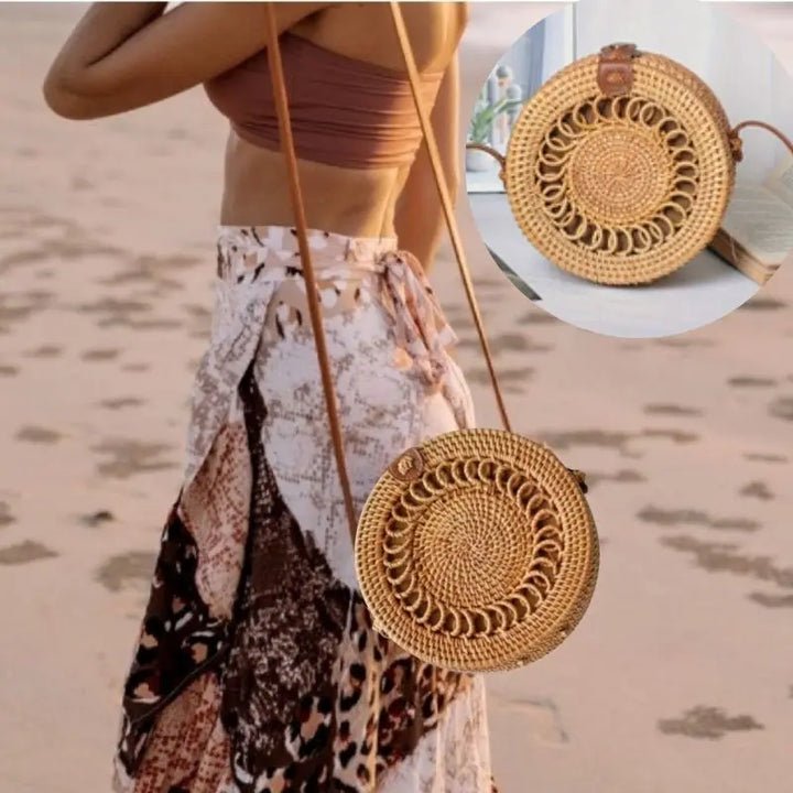 Hand-woven Straw Rattan Small Round Shoulder Crossbody