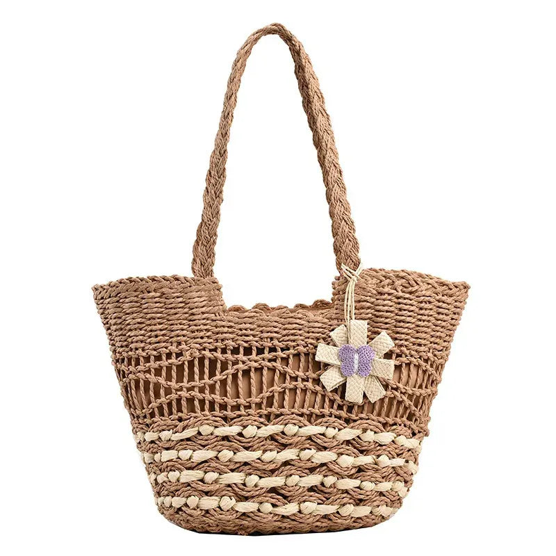 KissICON Khaki Hand-woven Straw Shoulder Large-capacity Tote