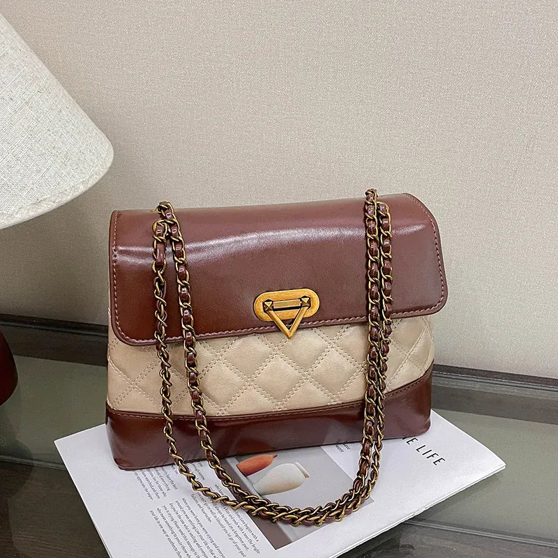 KissICON Khaki Handbags Textured Large-capacity Messenger Rhombic Chain Shoulder