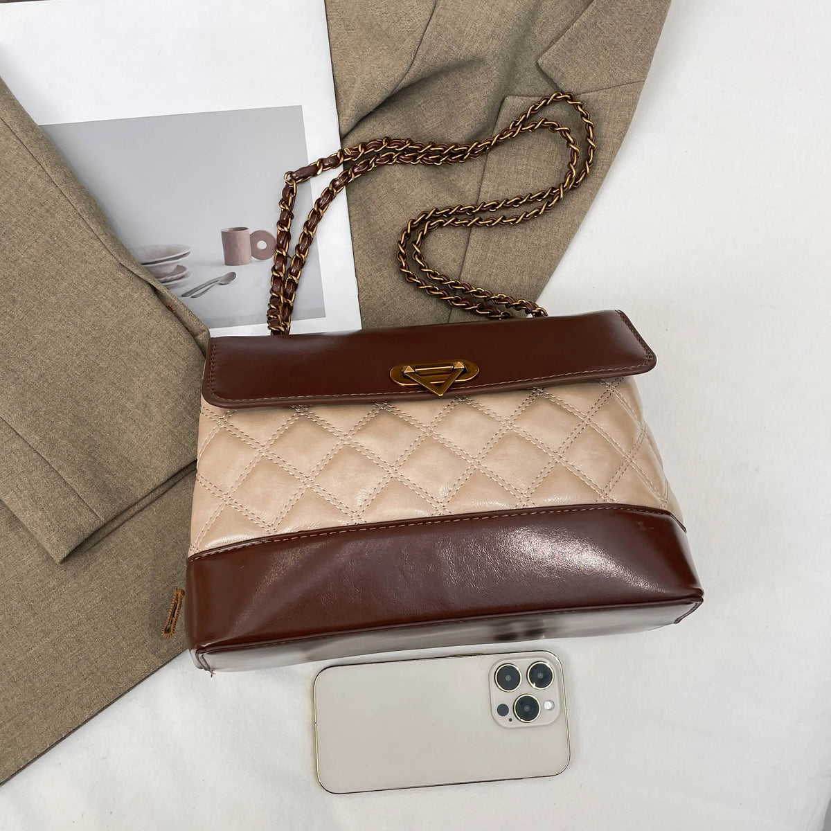 KissICON Khaki Handbags Textured Large-capacity Messenger Rhombic Chain Shoulder