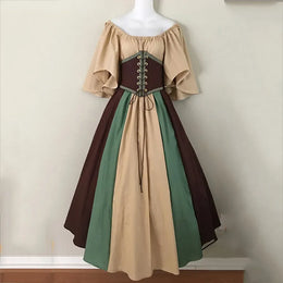 KissICON Khaki / L Halloween Costumes for Women Medieval Retro Contrasting Color Slim Swing Dress One-word Shoulder Dress Love Live Cosplay